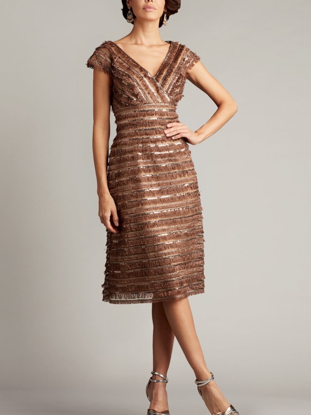 Tadashi Shoji Thora Silken Fringe Dress NWT Brown Tan Gold Midi Length 10